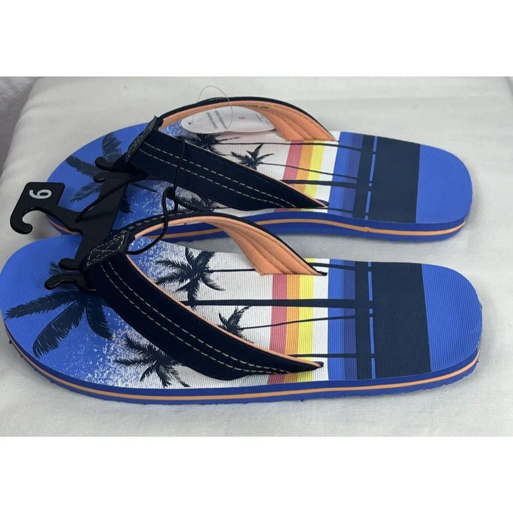 Wonder Nation Palm Tree Design Flip Flops Unisex Boys Girls Blue Size 6 NEW
